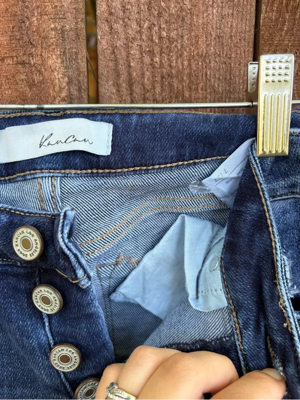 Kancan Dark Wash Distressed Button Fly Flare Jeans - Image 4