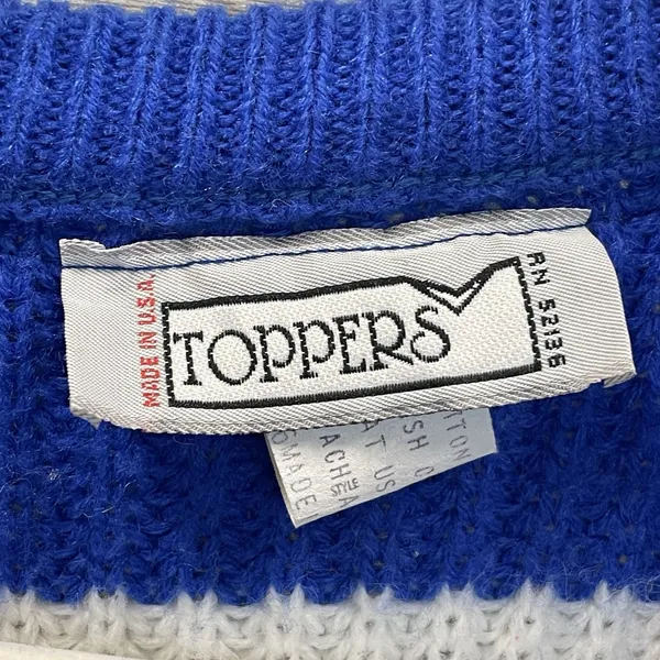 Vintage 80's‎ Toppers Womens M Sweater 100% Cotton Pullover Blue & White V-Neck - Image 2