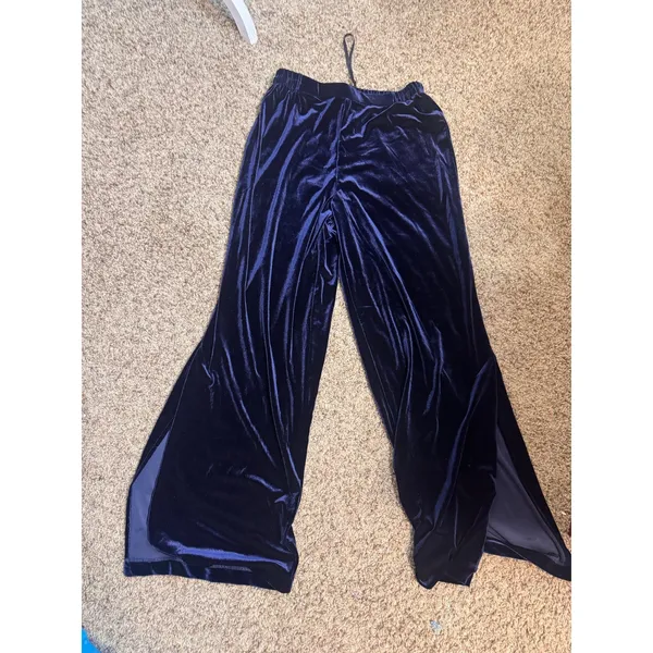 R&M Richards Navy Blue Velvet Wide Leg Pants Side Slit Holiday Size 12M party - Image 2