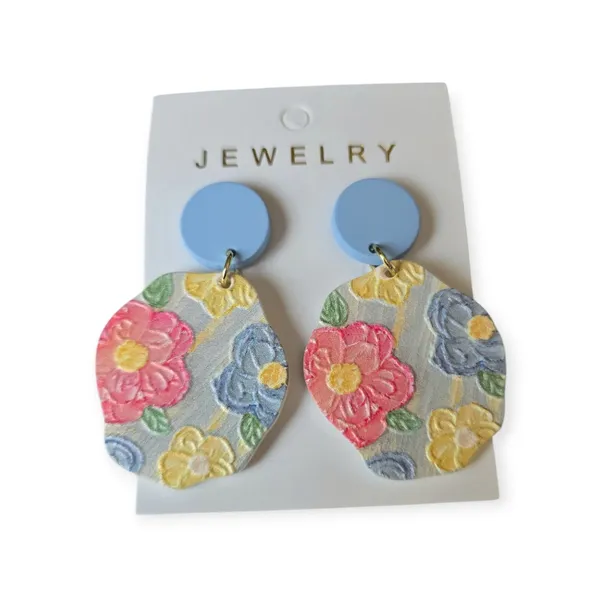 Flowerful Colorful Embossed‎ Acrylic Earrings with Blue Studs - Image 7