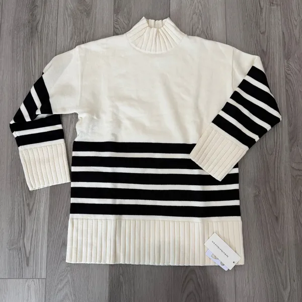 Commense Miss Paris Cozy Soft Mock Neck Stripe Sweater Minimalist Cream Black S - Image 2