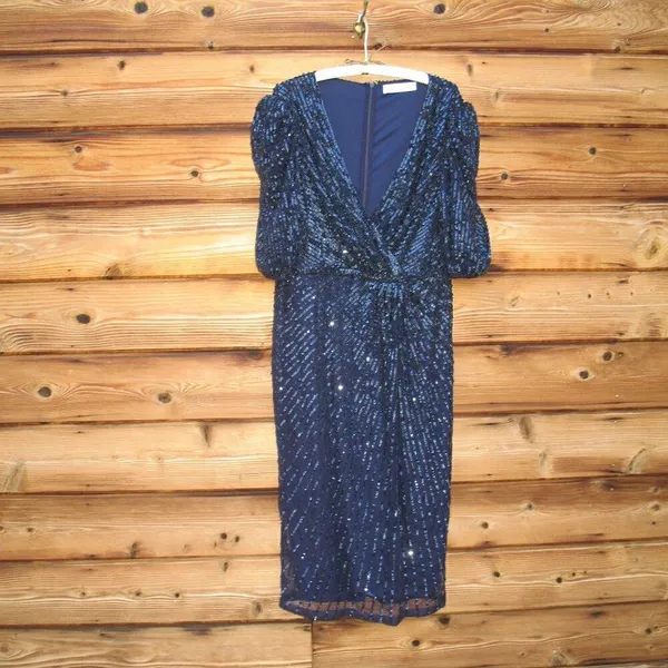 Mac Duggal 5578 Womens Sequined V Neck Short Puff Sleeve Midi Dress - Image 6