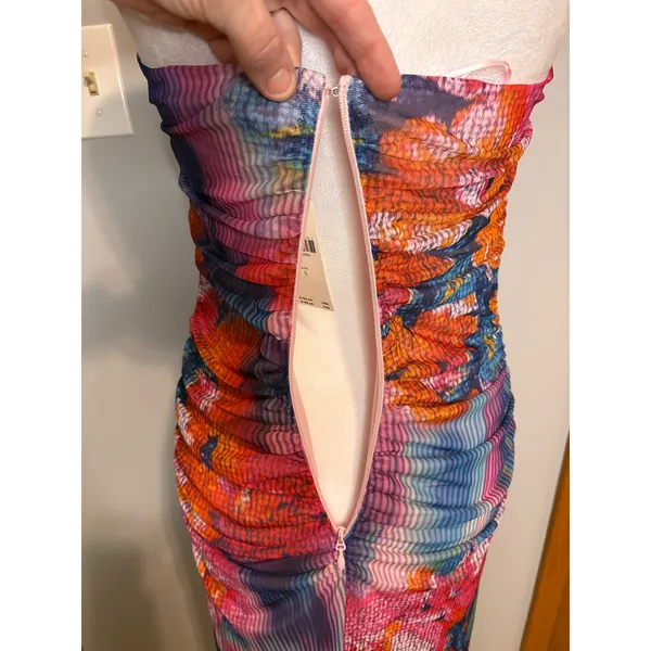 Anthropologie The Soleil Slim Strapless Ruched Mesh Midi‎ Dress Pink Abstract - Image 7