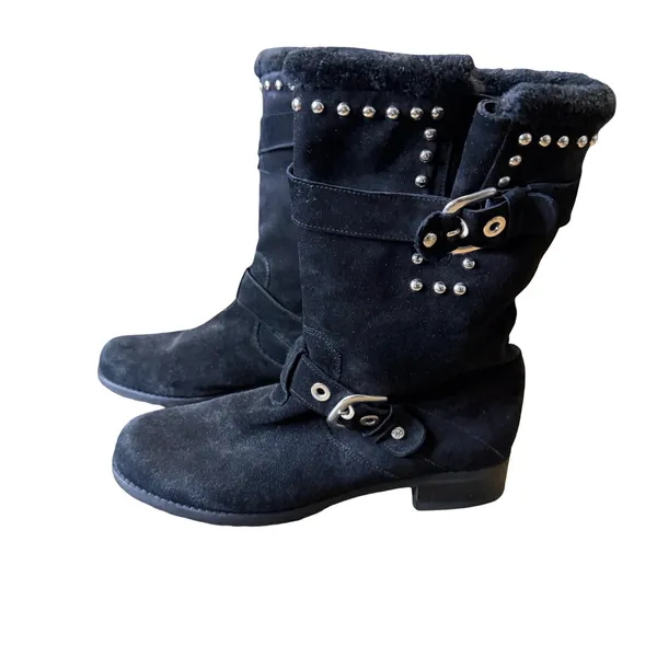 ✨ STUART WEITZMAN Black Studded Suede Moto‎ Biker Boots 7.5M ✨ - Image 3