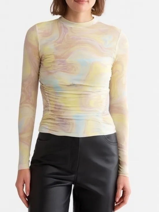 Revolve Anthropologie LONG SLEEVE RUCHED MESH TOP IN SKY MARBLE - Image 4