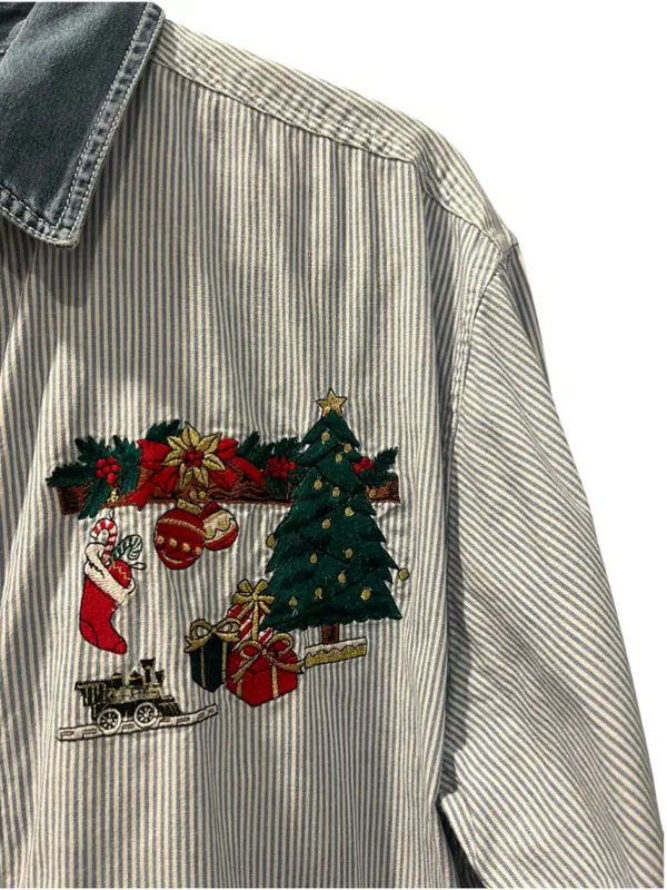 Vintage 90s Christmas Embroidered Button Up Shirt Striped Denim Collar Large - Image 5