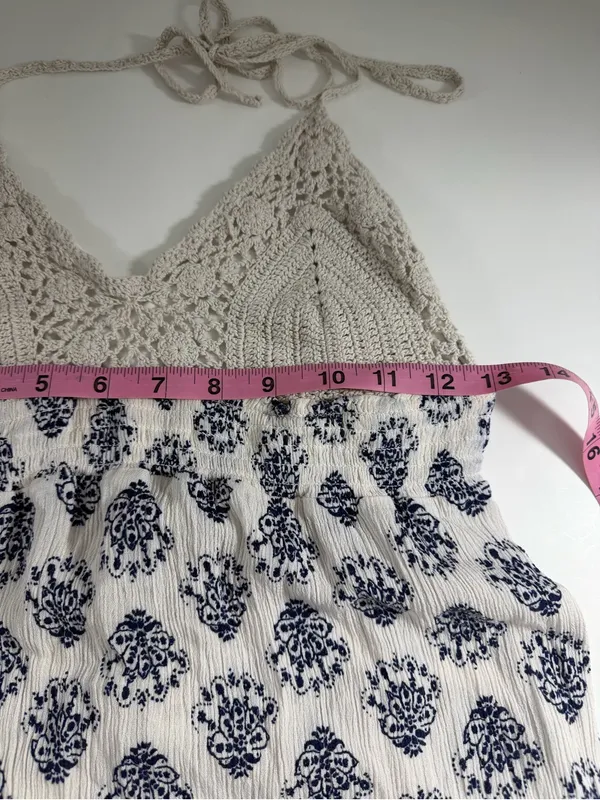 American Rag Cie XL Boho Crochet Floral Maxi Dress Blue Ivory Festival - Image 4
