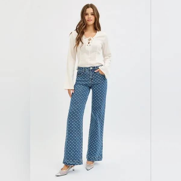 Wide Leg Blue Patterned Jeans - Women's Flare & Wide Leg - Image 2