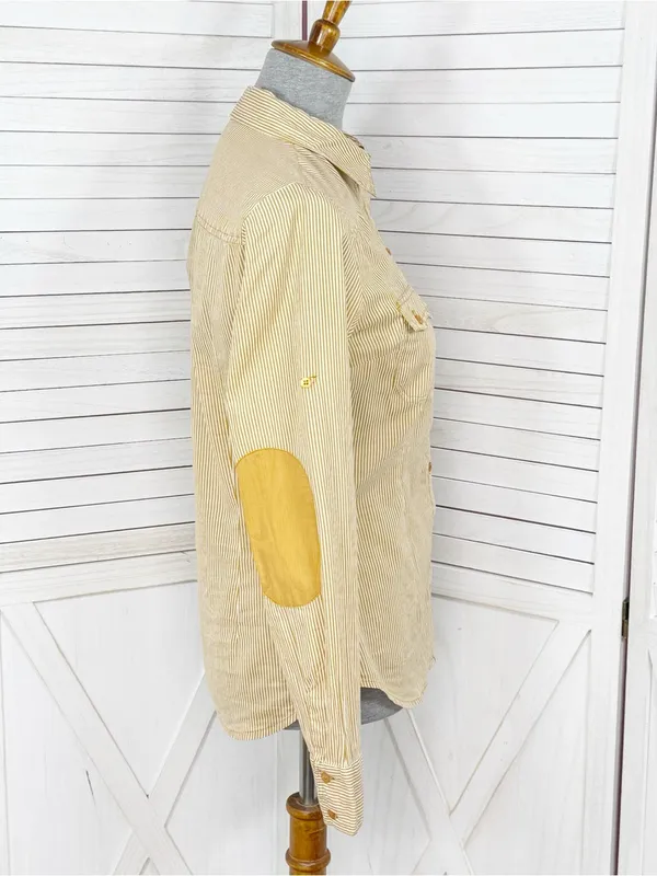 Zara TRF Striped Elbow Patch Western Style Button Up Shirt Yellow Medium - Image 3
