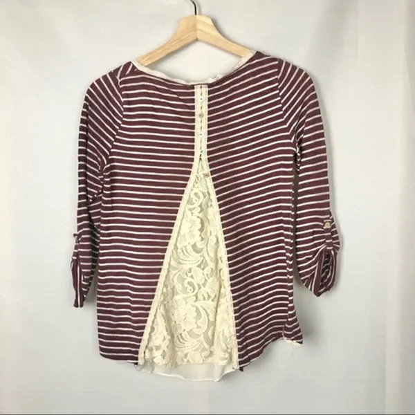 Anthropologie Meadow Rue Cassia Red Striped‎ Lace Back Long Sleeve Top S - Image 4