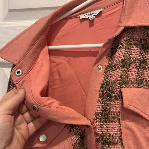 Polagram Pink Plaid Mixed Media Snap Front Shacket Jacket PSJ1287 Womens Large - Image 7