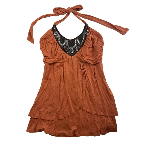 Vtg Y2K M Medium Babydoll Halter Top‎ Embellished Bling 90s Club Party Orange - Image 2