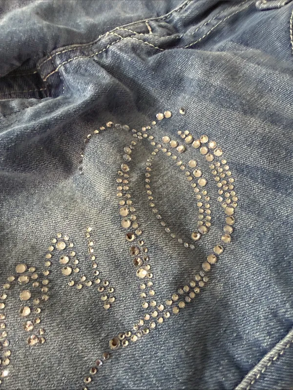 True Religion Blue Flare Jeans with Rhinestone Script - Image 4