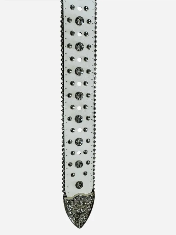 White Rhinestone Belt Studded Western Silver Buckle Cross Detail - Image 10