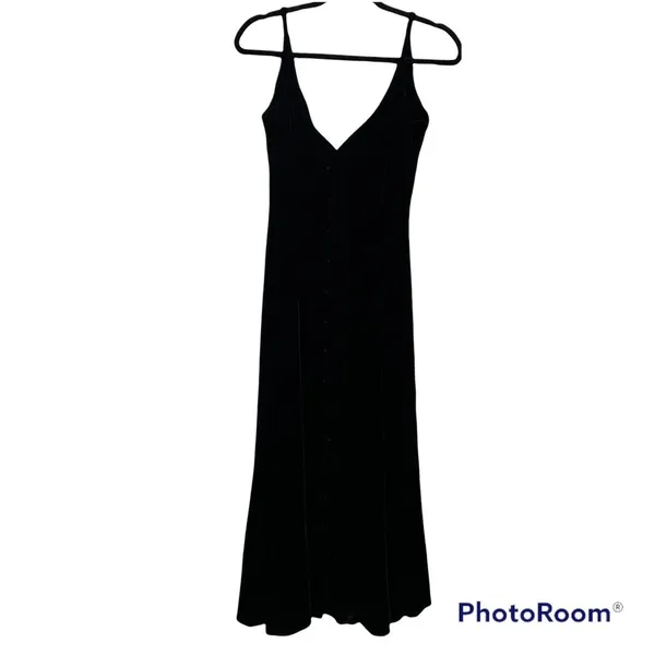 Vintage 90s Size 2 Dress Whimsigoth Velvet Button Up Black Midi Fit Flare Grunge - Image 2