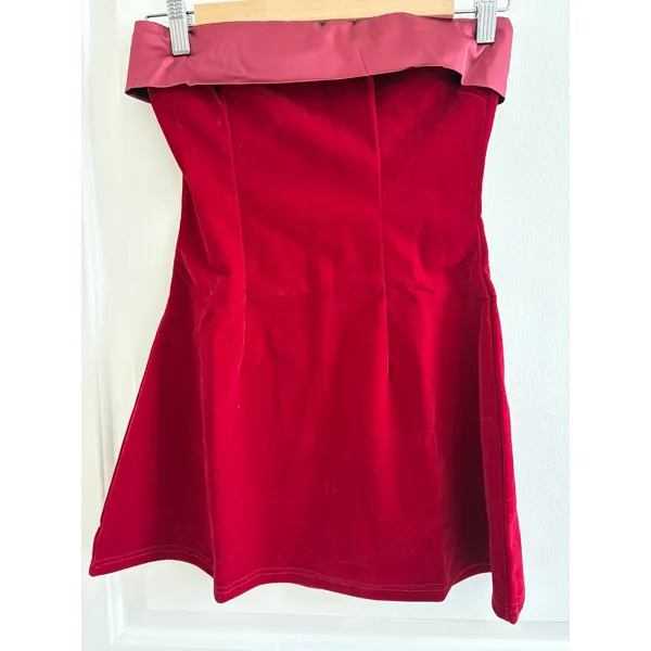 Strapless Velvet‎ Mini Dress Womens Burgundy Excellent Satin Trim Bodycon Party - Image 2