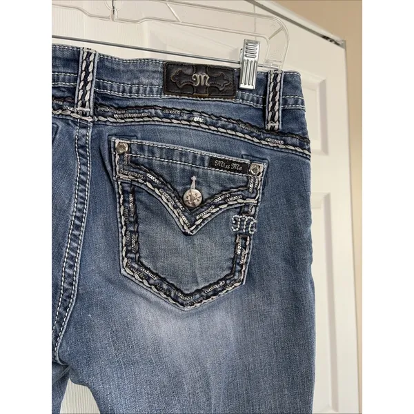 Miss Me Mid Rise Slim Bootcut Womens Size 31 Blue Jeans Y2K Embellished Denim - Image 3