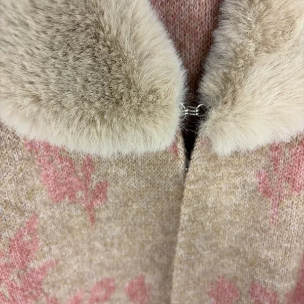 Happily Grey Long Cardigan Faux Fur Neckline Pink Tan Elevated Indie Glam Large - Image 7