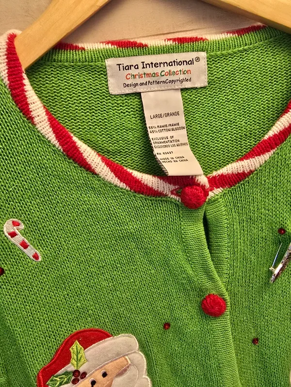 {L} Vintage Christmas Santa Claus Knit Sweater Cardigan Embroidered Embellished - Image 3