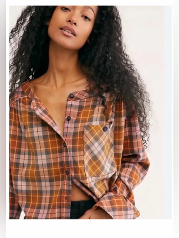 Free People Orange, Brown, and Pink Plaid Button-Down Shirt - Image 6