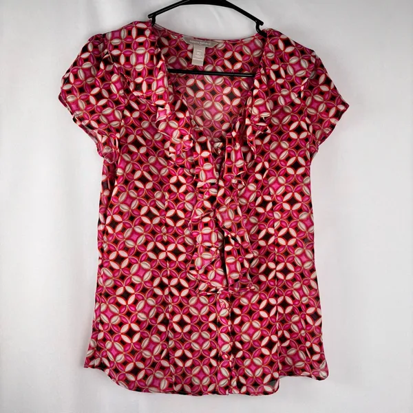 Banana Republic Ruffle Button Down Blouse XS Petite Geometric Print Semi-Sheer - Image 2