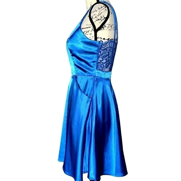 City Studio Royal Blue Satin Lace Back Fit and Flare Mini Dress Pockets Size 5 - Image 3