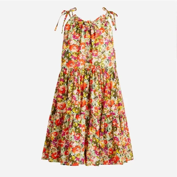 J.Crew Tie-Shoulder Tiered Mini‎ Dress Floral Womens Yellow Medium $98 - Image 2