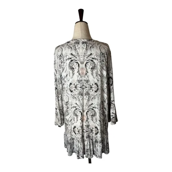 Tribal‎ Shirt Women Large Ivory Gray Floral Fleur Lace Up Neck Ruffle Hem Top - Image 2