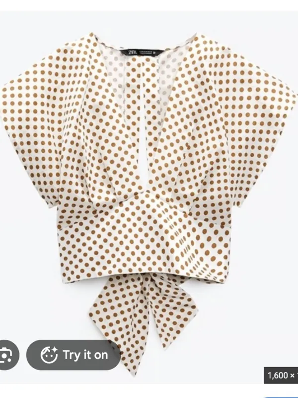 ZARA Linen Blend Polka Dot Crop Deep V Neck Tie Back Blouse Top White Mustard M - Image 2