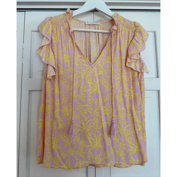 Karlie pink and yellow ruffle sleeve tassel tie top large - Image 2