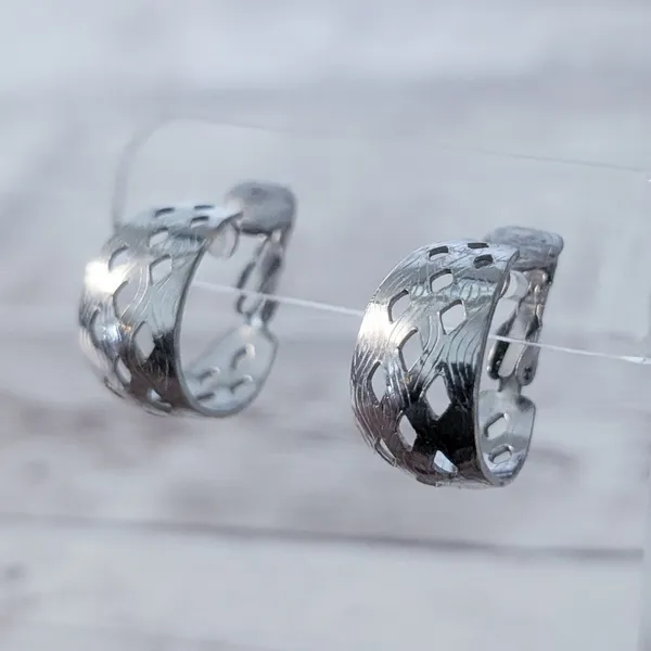 Vintage Clip On Earrings Silver Tone Cut Out Design Hoops with Pattern - Image 2