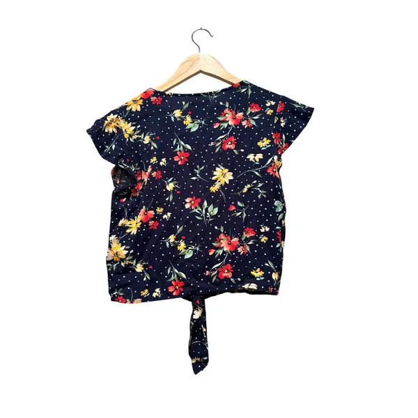 Bershka Navy Floral Polka Dot Tie‎ Front Top XS V-Neck Girly Summer Blouse - Image 2