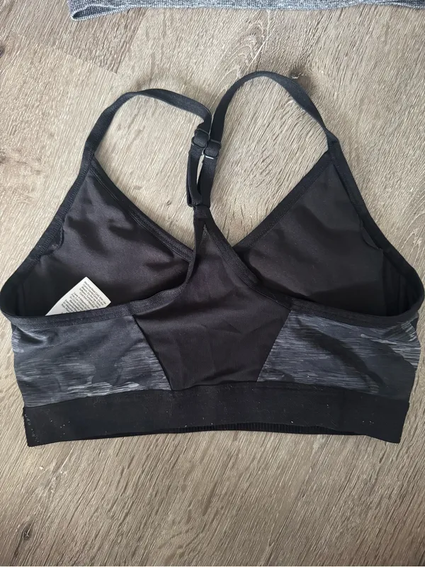 Gray Seamless Sports Bra with Pink Trim & Black Camouflage Bralette - Image 2