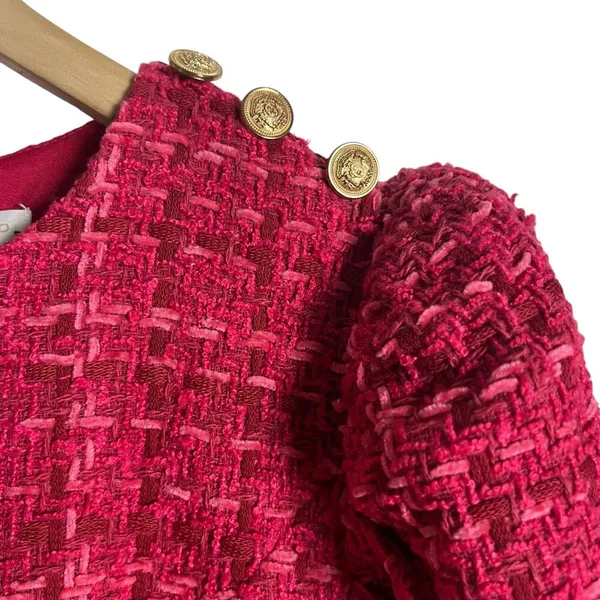 Flying Tomato Pink Red Tweed Puff Long Sleeve Sheath Mini Dress Size Medium - Image 4