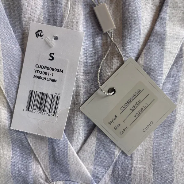 Cupio Babydoll Dress Linen Blend Blue White Stripe Medium Coastal Cottagecore - Image 6