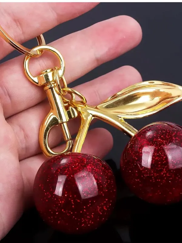 Gold Cherry Keychain Bag Charm with Red Glitter Cherries - Image 8