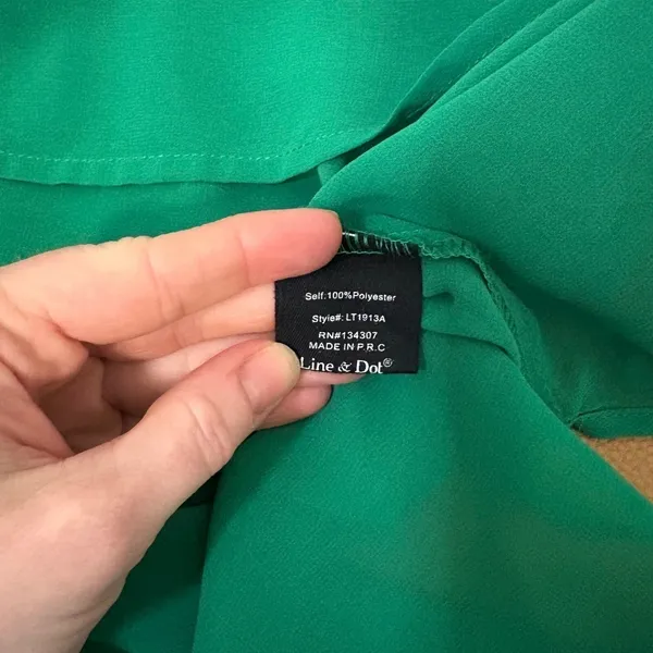 Line & Dot Green Blouse V-Neck Ruffle Sleeve Tassel‎ Tie Sheer XS - Image 6