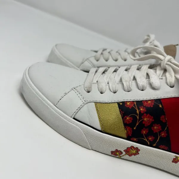 Diane Von Furstenberg Tess 9 Lace Up‎ Sneakers Gold & Red Stripe & Floral Design - Image 6