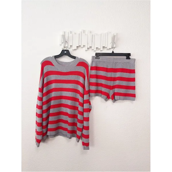 Miss Sparkling Two Pieces Striped Long Sleeve Comfy Lounge Set Gray Red NWOT - Image 5