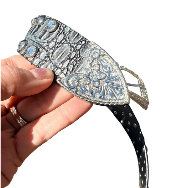 Source Unknown Western Croc‎ Embossed Studded Rhinestone Belt Black Silver Embossed Buckle - Image 6