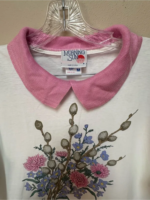 Vintage Grandmacore Floral Peter Pan Collar Tee M USA - Image 3