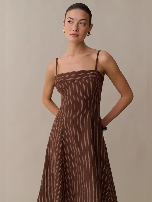 NWT o.p.t Gizele Linen Dress size Small S brown white stripe midi few moda - Image 5