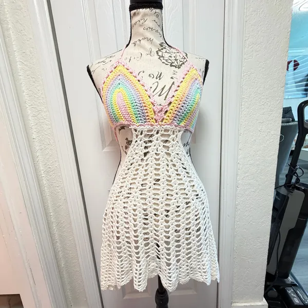 Love Tease ✨ Love Sense Crochet Rainbow Halter Mini Dress Cover Up S/M Pastel Festival Boho ✨ - Image 9