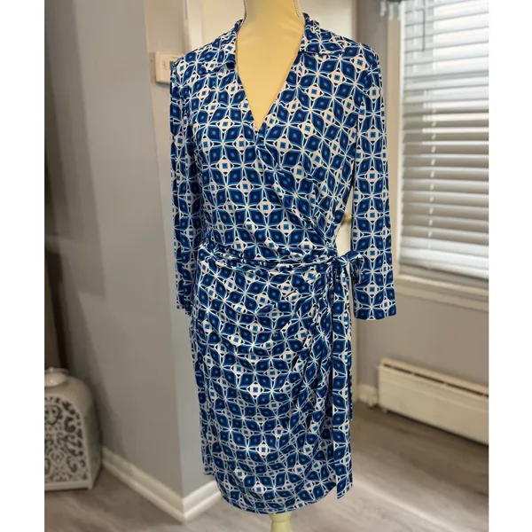 Maggy London Size 14 Blue Geometric Faux Wrap Stretch Career Dress - Image 2