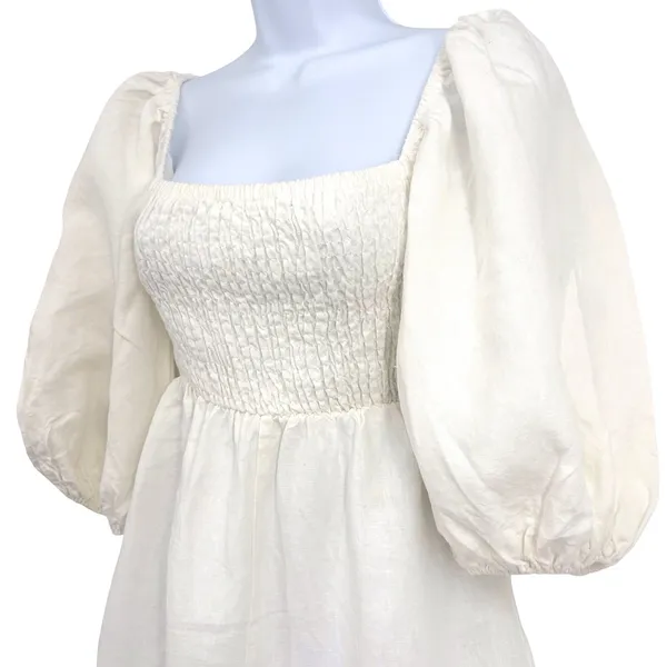 Tuckernuck Annie Mini Dress Womens XS Ivory‎ Linen Smocked Puff Sleeve Romantic - Image 4