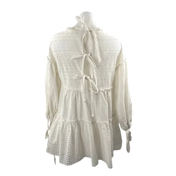 Women's Ivory Eyelet Embroidery Balloon Sleeve Tiered Mini Flare A-Line Dress S - Image 3