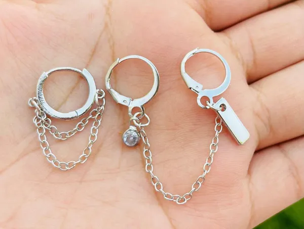 2 Pieces Silver Tone Chained Earrings Set - Image 2