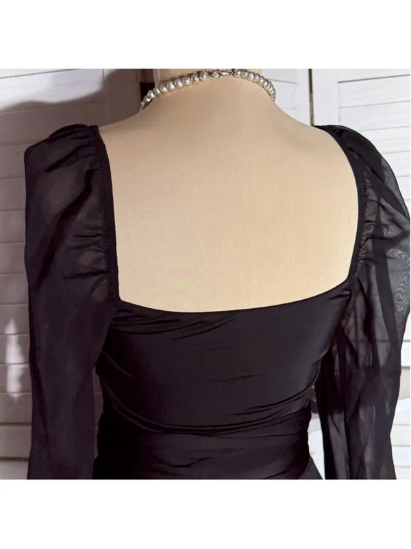 Lucy in the Sky black mini dress puff sheer sleeve plunge V cocktail homecoming - Image 15
