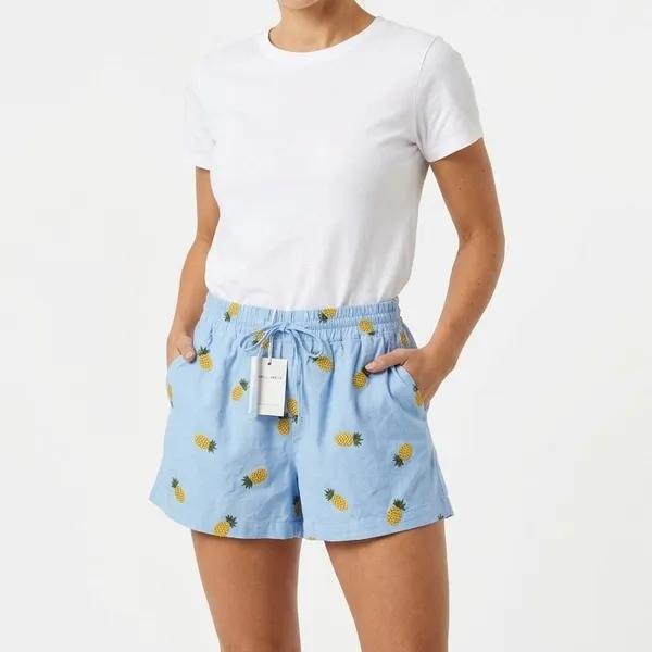 NWT Blue Embroidered Pineapple Fruit Linen Blend Shorts Small Quiet Luxury - Image 2