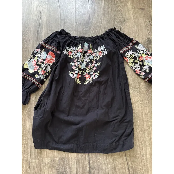 Free People‎ Fleur Du Jour Black Floral Embroidered Off Shoulder Dress Medium - Image 4